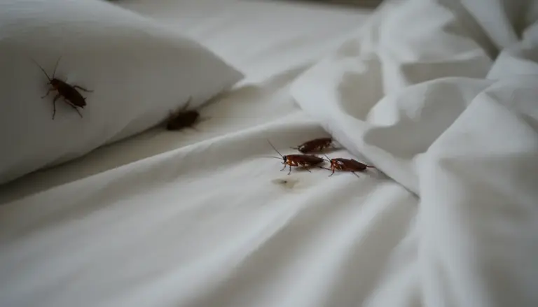 Blatte su lenzuola e cuscino di un letto con biancheria bianca