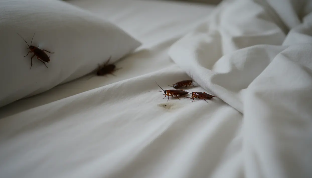 Blatte su lenzuola e cuscino di un letto con biancheria bianca