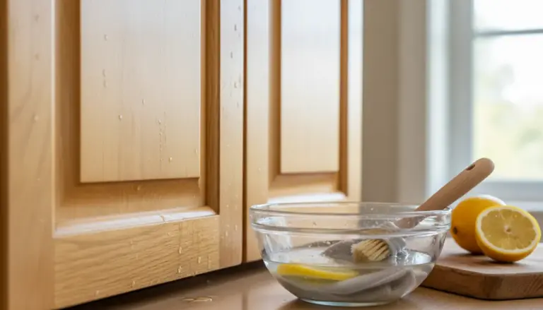 Ciotola con limone, spugna e pennello davanti a mobili da cucina in legno con gocce d'acqua