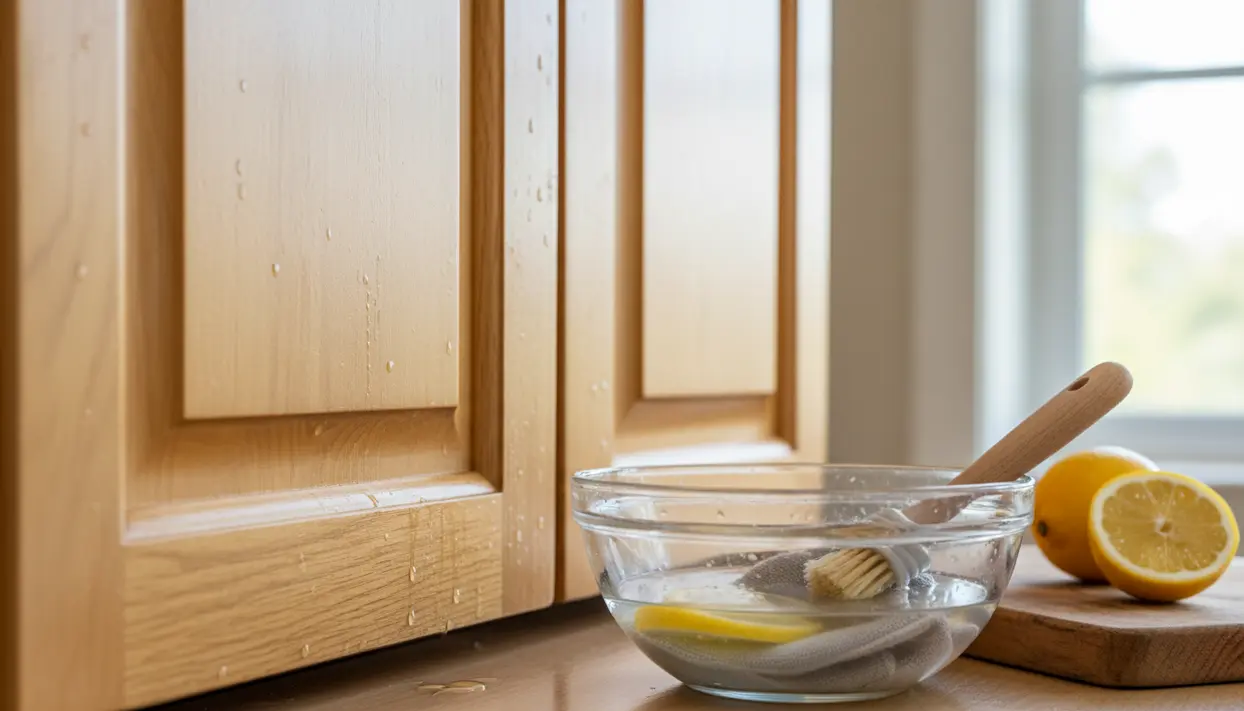 Ciotola con limone, spugna e pennello davanti a mobili da cucina in legno con gocce d'acqua