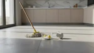 Mocio, limoni, bicarbonato e aceto su un pavimento di cucina chiaro