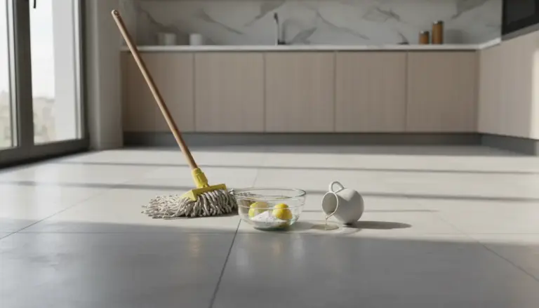 Mocio, limoni, bicarbonato e aceto su un pavimento di cucina chiaro