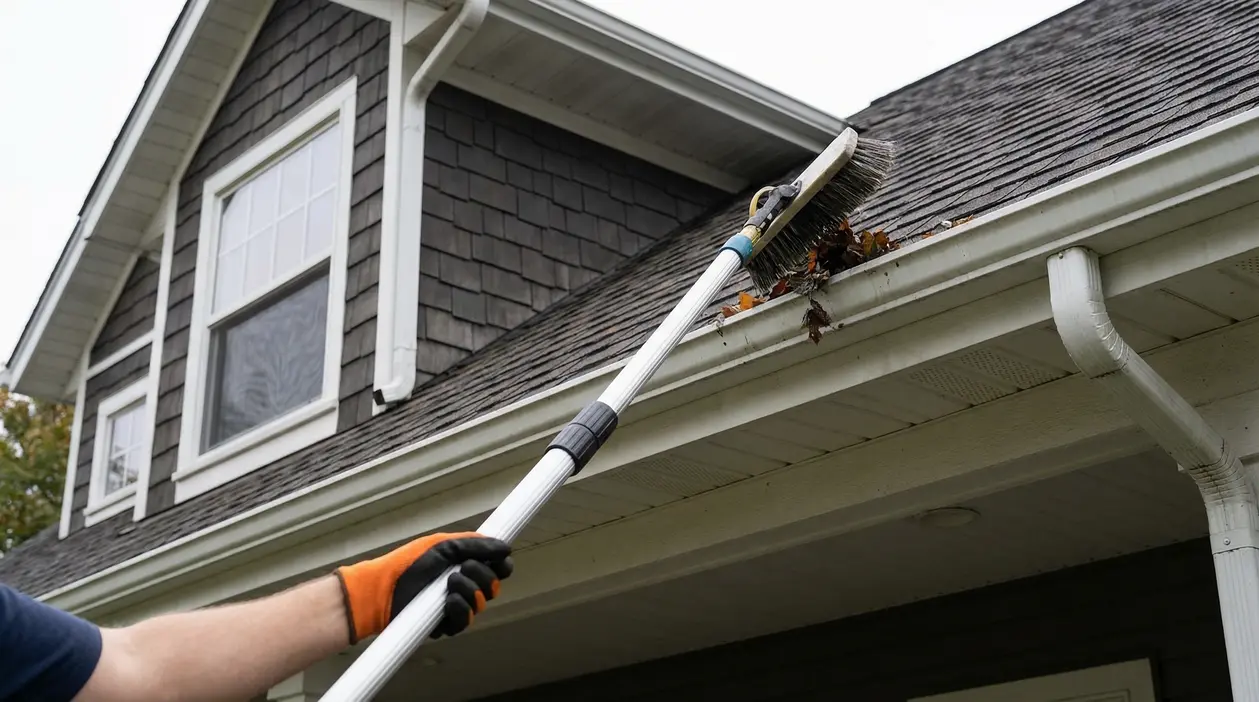 Persona che pulisce una grondaia da terra usando una spazzola telescopica