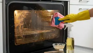 Mano con guanto giallo mentre pulisce il vetro incrostato di un forno con panno e raschietto