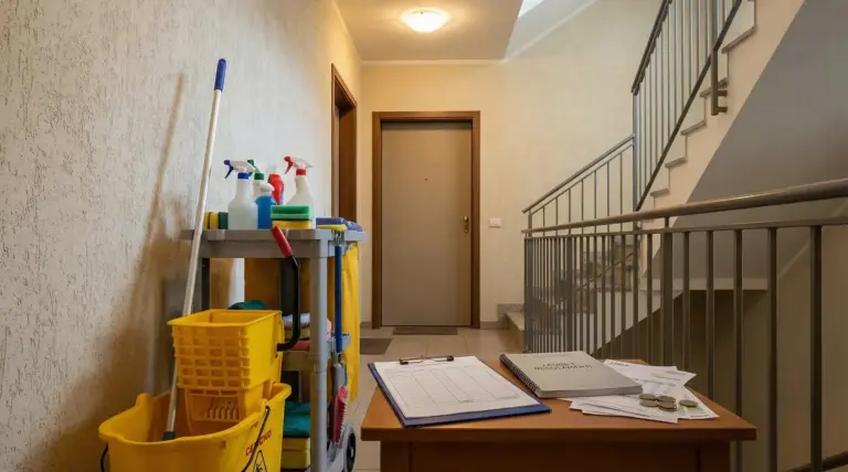 Carrello per le pulizie in un pianerottolo condominiale con documenti e monete su un tavolo