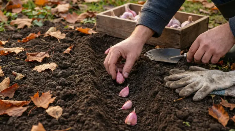 Mani che piantano spicchi d'aglio in un terreno autunnale