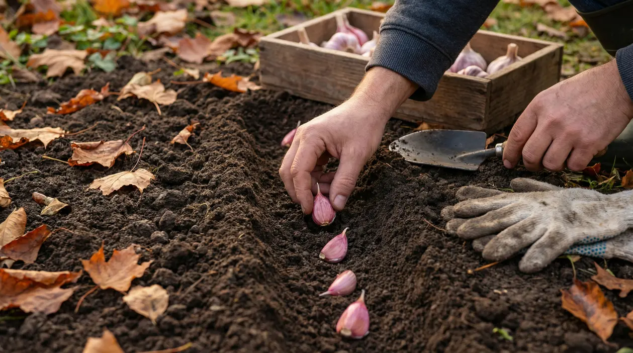Mani che piantano spicchi d'aglio in un terreno autunnale