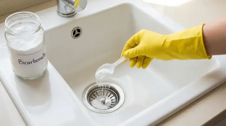 Mano con guanto giallo versa bicarbonato nel lavandino della cucina