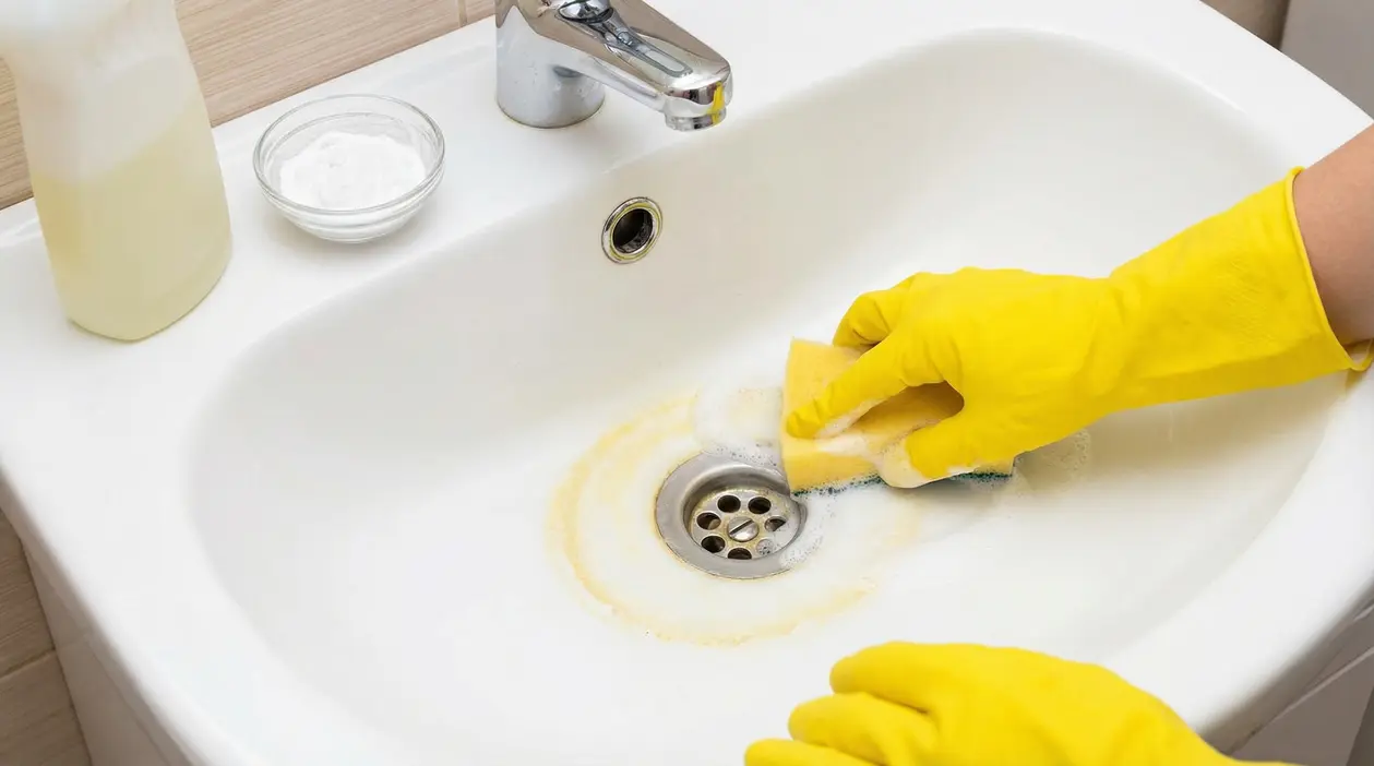 Mano con guanto giallo che pulisce il lavandino del bagno da macchie di calcare