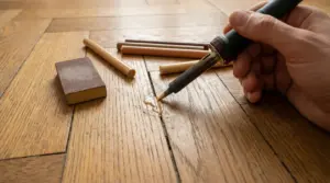 Mano che utilizza uno strumento per riparare graffi su parquet in legno