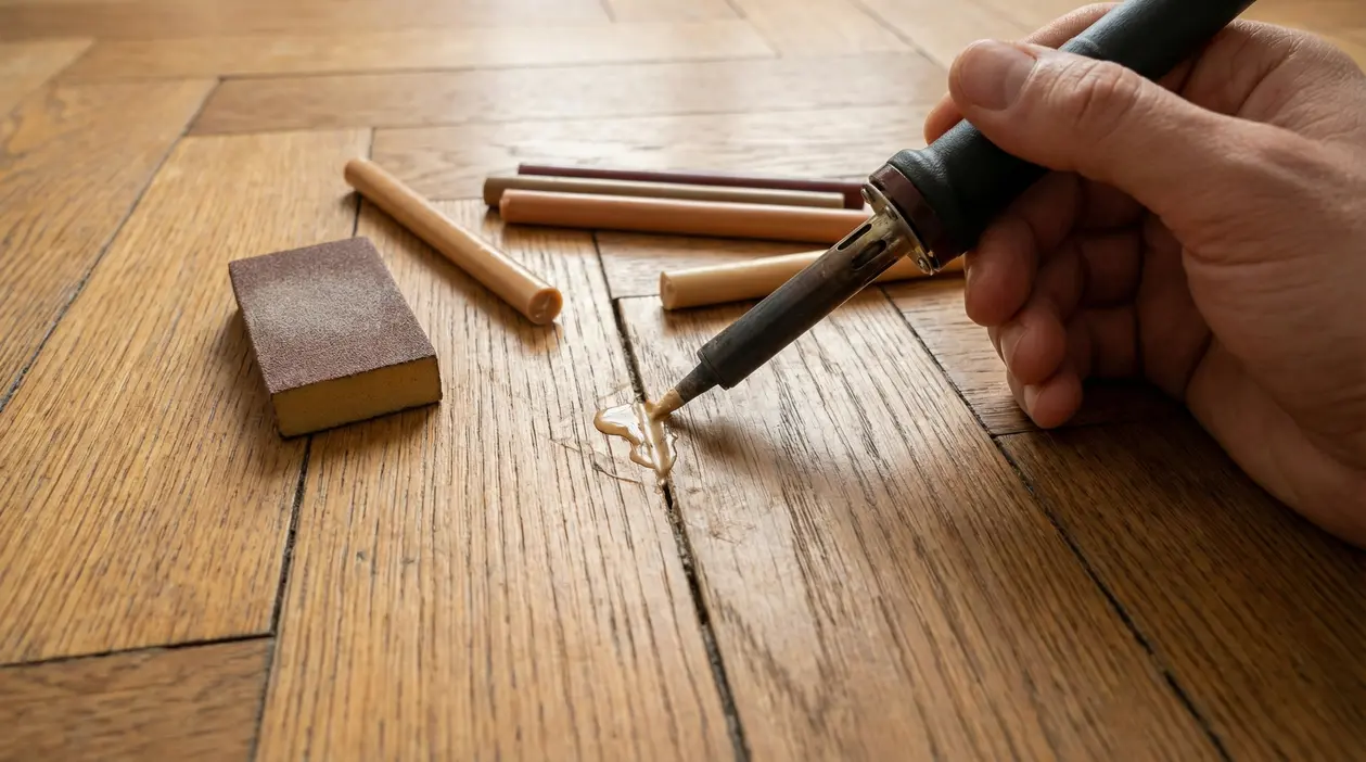 Mano che utilizza uno strumento per riparare graffi su parquet in legno