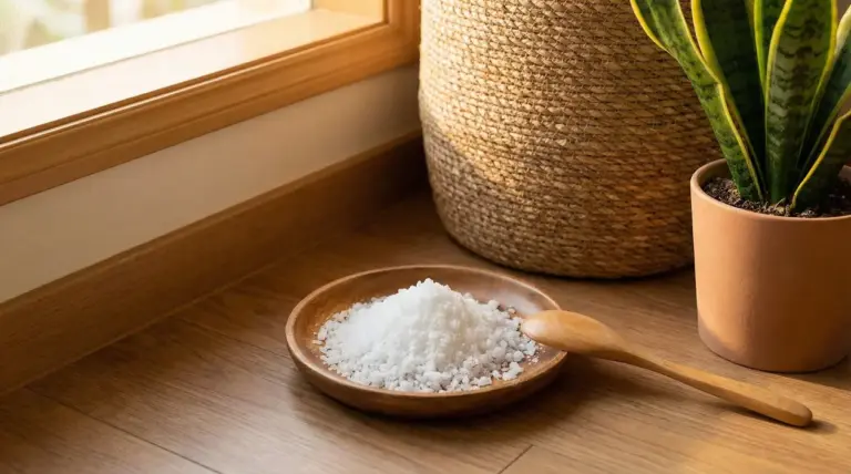 Piatto in legno con sale grosso in un angolo della casa vicino a una pianta in vaso