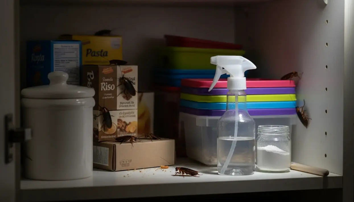 Scarafaggi all'interno di un mobile da cucina con contenitori e prodotti alimentari.