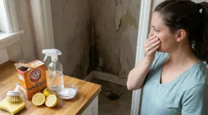 Persona copre il naso accanto a una parete con muffa e prodotti per pulizia su un tavolo