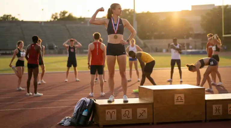 Una persona sul podio di una gara atletica con altri atleti sullo sfondo
