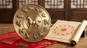 Ruota dello zodiaco cinese in bronzo con i dodici segni e calendario del 2026 su tavolo di legno