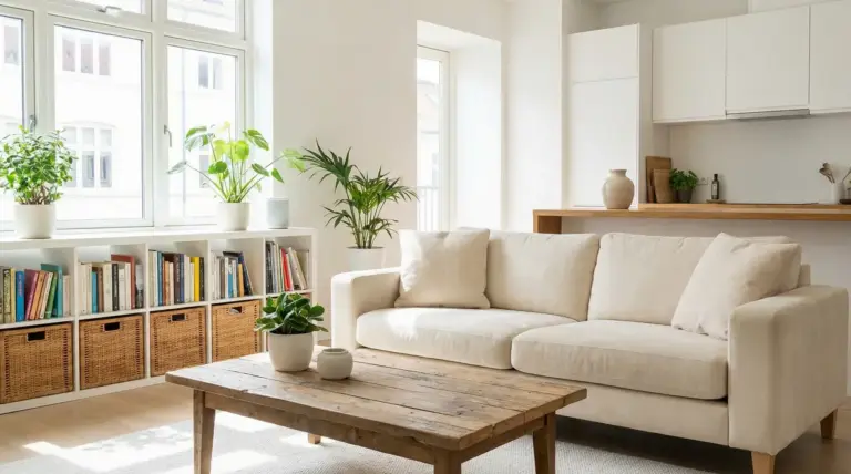 Soggiorno ordinato con divano chiaro, tavolino in legno e piante vicino alla finestra