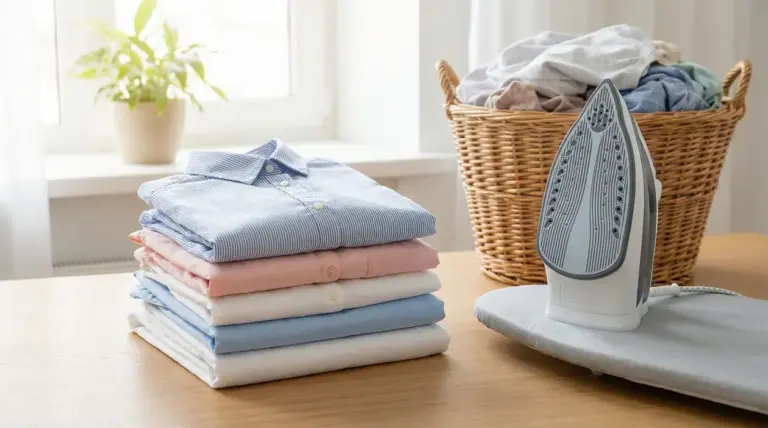 Camicie stirate e piegate su un tavolo con ferro da stiro e cesto di biancheria sullo sfondo