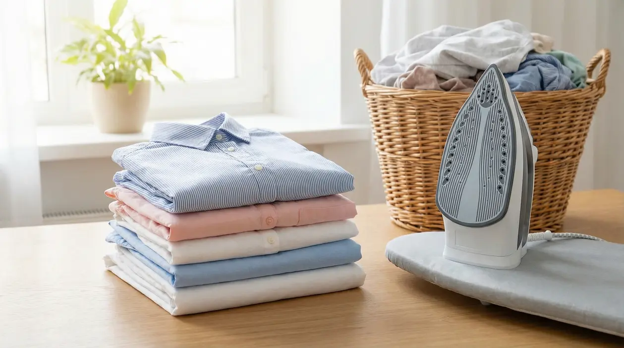 Camicie stirate e piegate su un tavolo con ferro da stiro e cesto di biancheria sullo sfondo