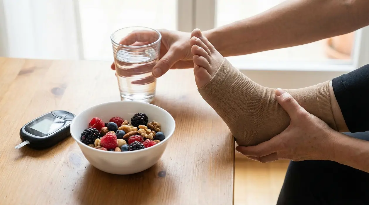 Una persona con calze compressive tiene un piede sollevato accanto a una ciotola di frutta secca e un glucometro