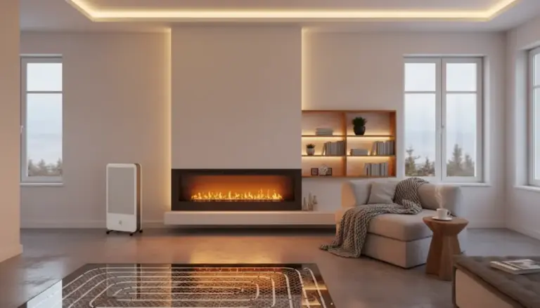 Soggiorno moderno con camino elettrico e dispositivo di riscaldamento portatile