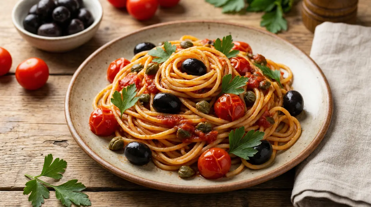 Piatto di spaghetti alla puttanesca con olive nere, capperi e pomodorini