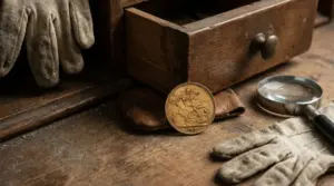 Vecchia sterlina d’oro su un tavolo di legno accanto a guanti, lente d’ingrandimento e un cassetto aperto