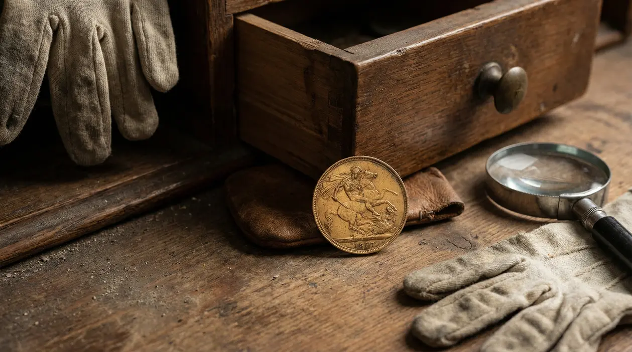 Vecchia sterlina d’oro su un tavolo di legno accanto a guanti, lente d’ingrandimento e un cassetto aperto