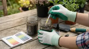 Persona con guanti da giardinaggio esegue un test del pH del terreno con una striscia in un barattolo di vetro