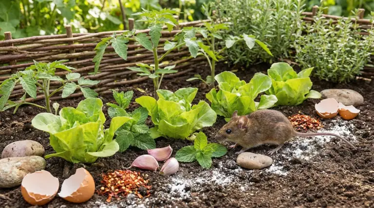 Un topo in un orto circondato da piante di lattuga, aglio, menta e gusci d'uovo sul terreno