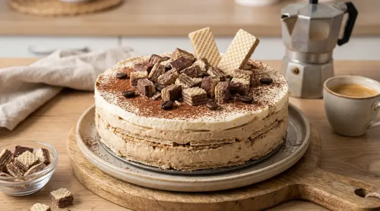 Torta fredda con strati di crema al caffè e wafer decorata con pezzi di cioccolato e chicchi di caffè