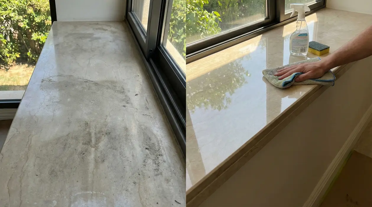 Confronto tra davanzale in marmo sporco e lo stesso dopo la pulizia e lucidatura