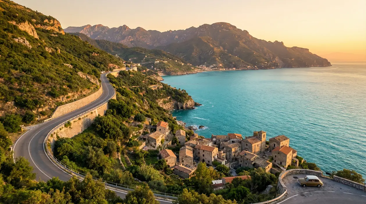 Vista panoramica di un borgo italiano sulla costa con strada a curve e mare turchese al tramonto