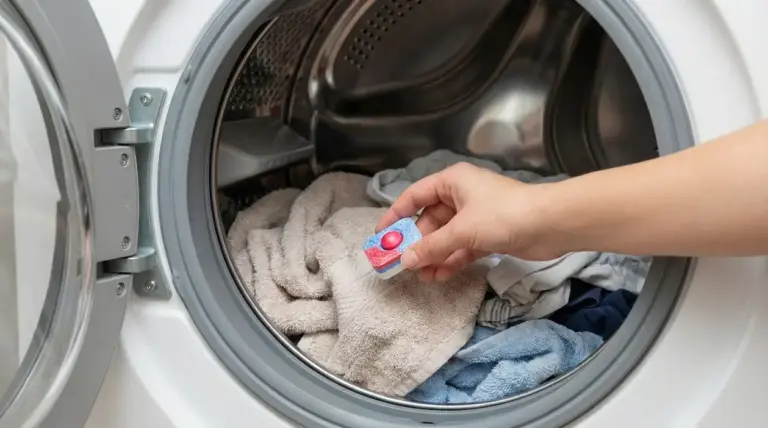 Una mano inserisce una pastiglia per lavastoviglie in una lavatrice piena di panni