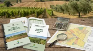 Documenti, mappa catastale, calcolatrice e vigneto sullo sfondo legati alla valutazione dei terreni agricoli