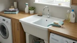 Vasca da bucato in ceramica bianca con rubinetto, spazzole e detergenti su piano in legno