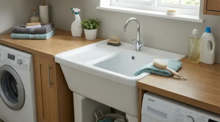 Vasca da bucato in ceramica bianca con rubinetto, spazzole e detergenti su piano in legno