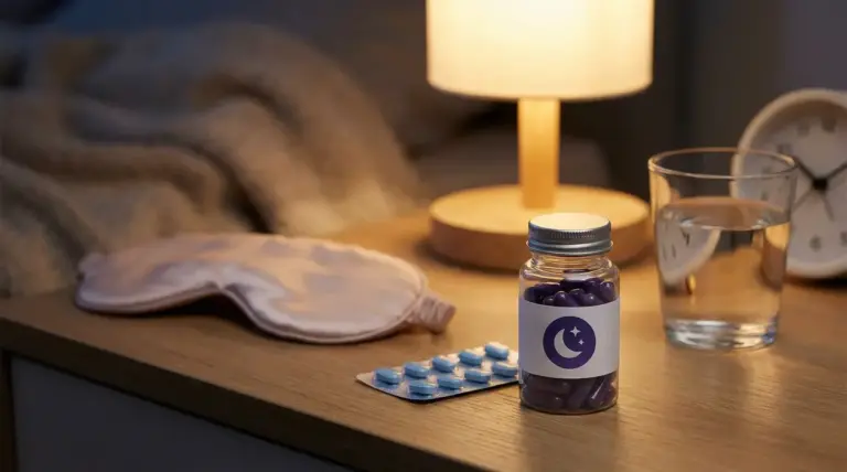 Integratori e pillole per il sonno su un comodino accanto a una lampada e un bicchiere d'acqua