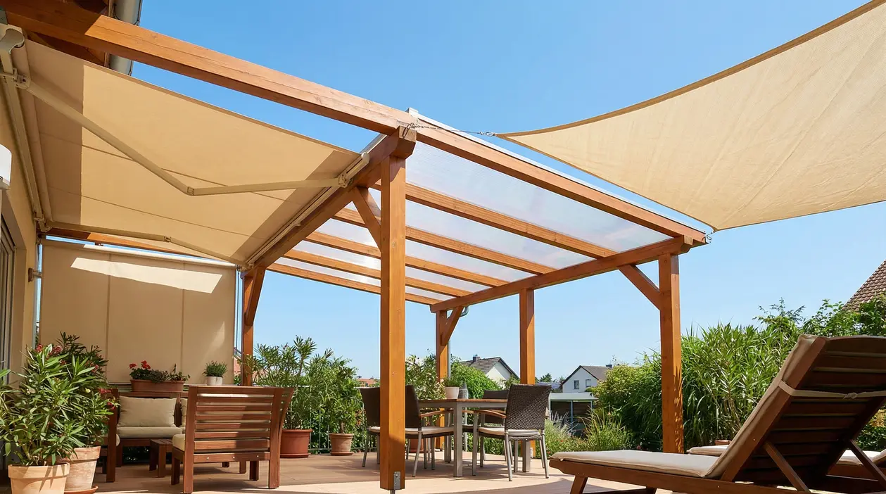 Terrazzo con pergola in legno, teli ombreggianti e copertura trasparente per protezione da sole e pioggia