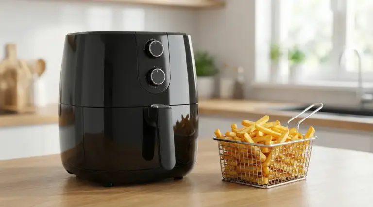 Friggitrice ad aria nera su un piano cucina accanto a un cestino di patatine fritte