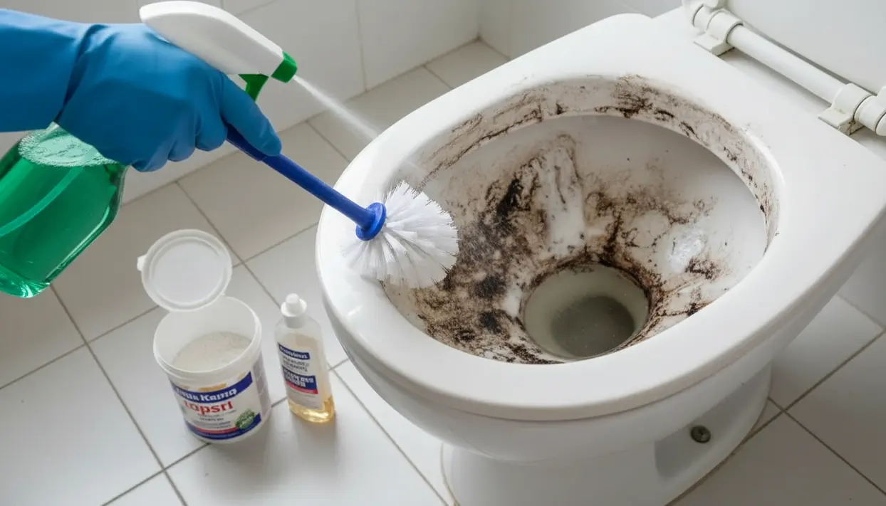 Spazzola e spray mentre si pulisce una tazza WC incrostata e nera con detergenti su pavimento piastrellato