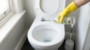 Mano con guanto giallo versa aceto bianco nel water per pulire e deodorare il WC