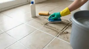 Mano con guanto che strofina fughe del pavimento sporche con spazzola vicino a secchio e detergente