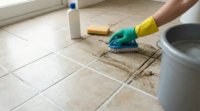 Mano con guanto che strofina fughe del pavimento sporche con spazzola vicino a secchio e detergente