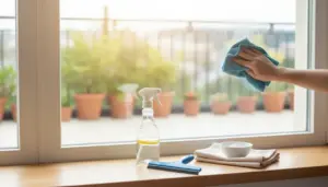 Mano che pulisce il vetro della finestra con panno in microfibra, con spray detergente e tergivetro sul davanzale