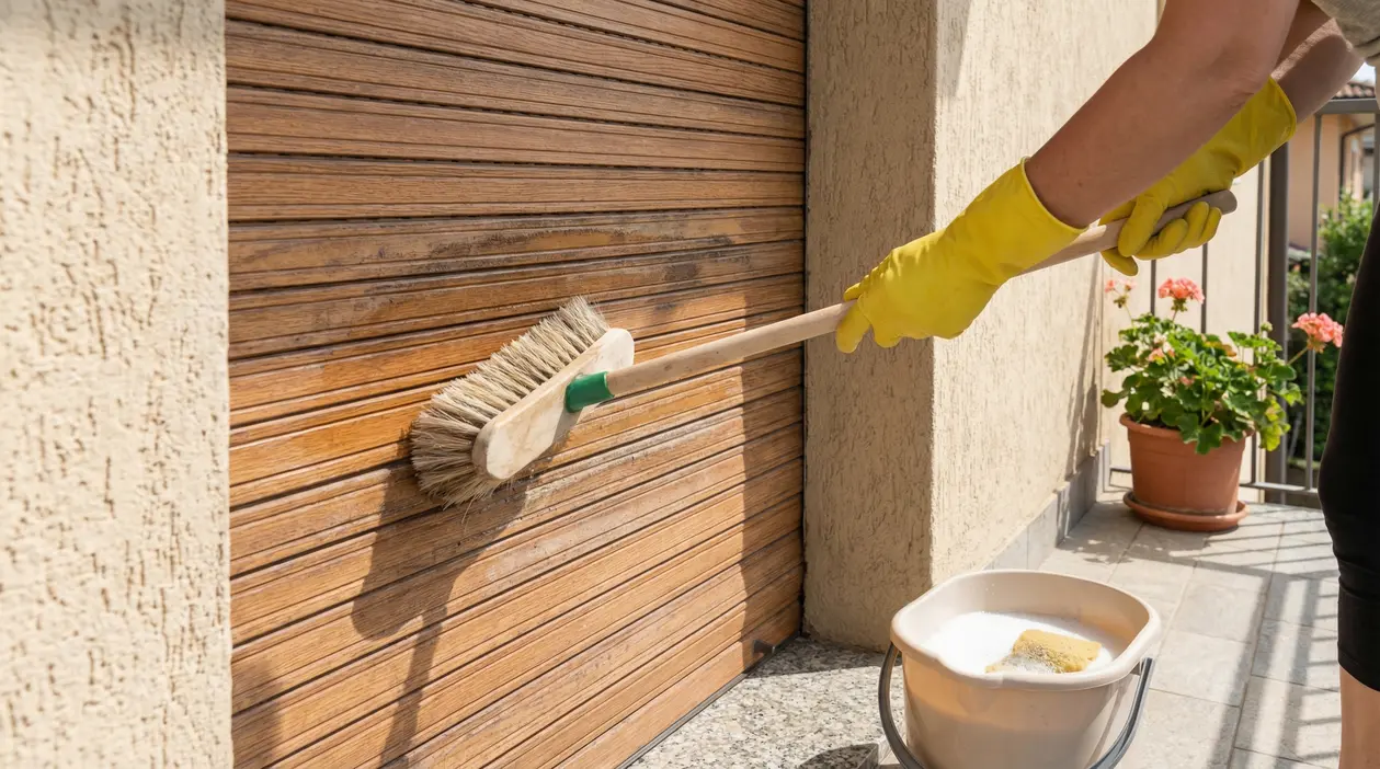 Persona con guanti gialli che pulisce una persiana esterna con spazzola a manico lungo e secchio d’acqua saponata