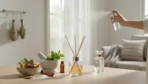 Diffusore a bastoncini e ingredienti naturali su un tavolo, con una mano che vaporizza spray profumato in salotto