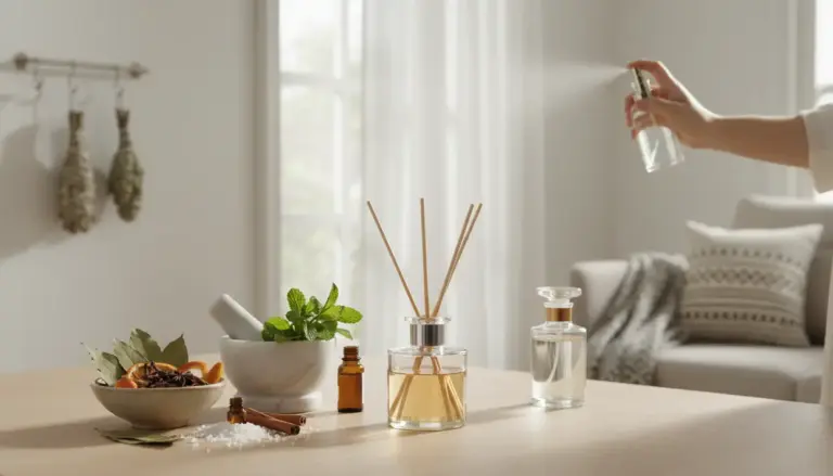 Diffusore a bastoncini e ingredienti naturali su un tavolo, con una mano che vaporizza spray profumato in salotto