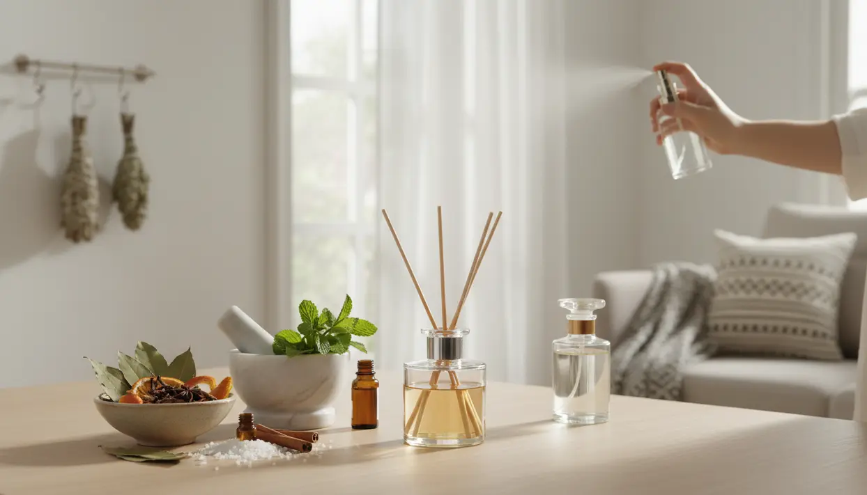 Diffusore a bastoncini e ingredienti naturali su un tavolo, con una mano che vaporizza spray profumato in salotto