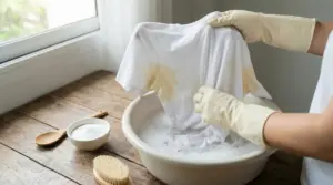 Persona con guanti lava a mano una maglietta bianca con macchie di sudore in una bacinella con acqua e sapone